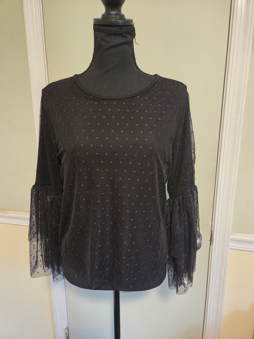 pebble and stone Black Sheer Dot Bell Sleeve Top